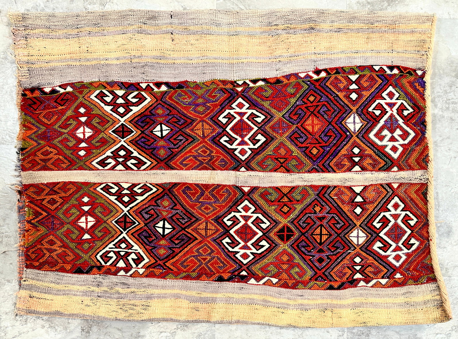 ANATOLIAN TRIBAL JIJIM CHUVAL SACK: WOVEN WITH HAND SPUN WOLL AND VEGETABLE DYES, USE AS INTENDED, WALL HANGING OR PILLOW ENCASEMENT. 28"X37"