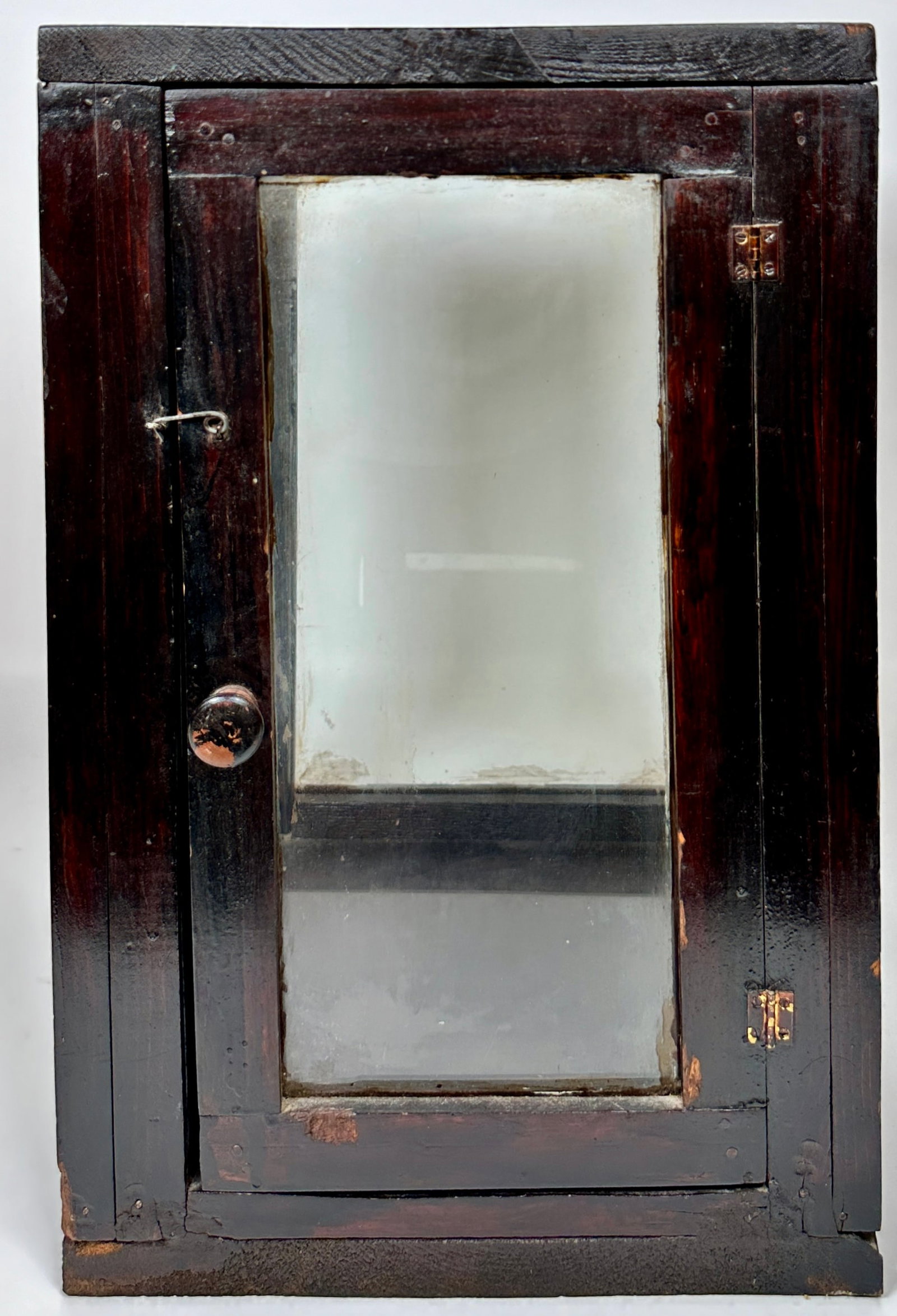 PRIMITIVE DISPLAY CABINET: WOOD PAINTED STRUCTURE WITH FOUR GLASS SIDES, ACCESS DOOR. 18"H, 12"X12"