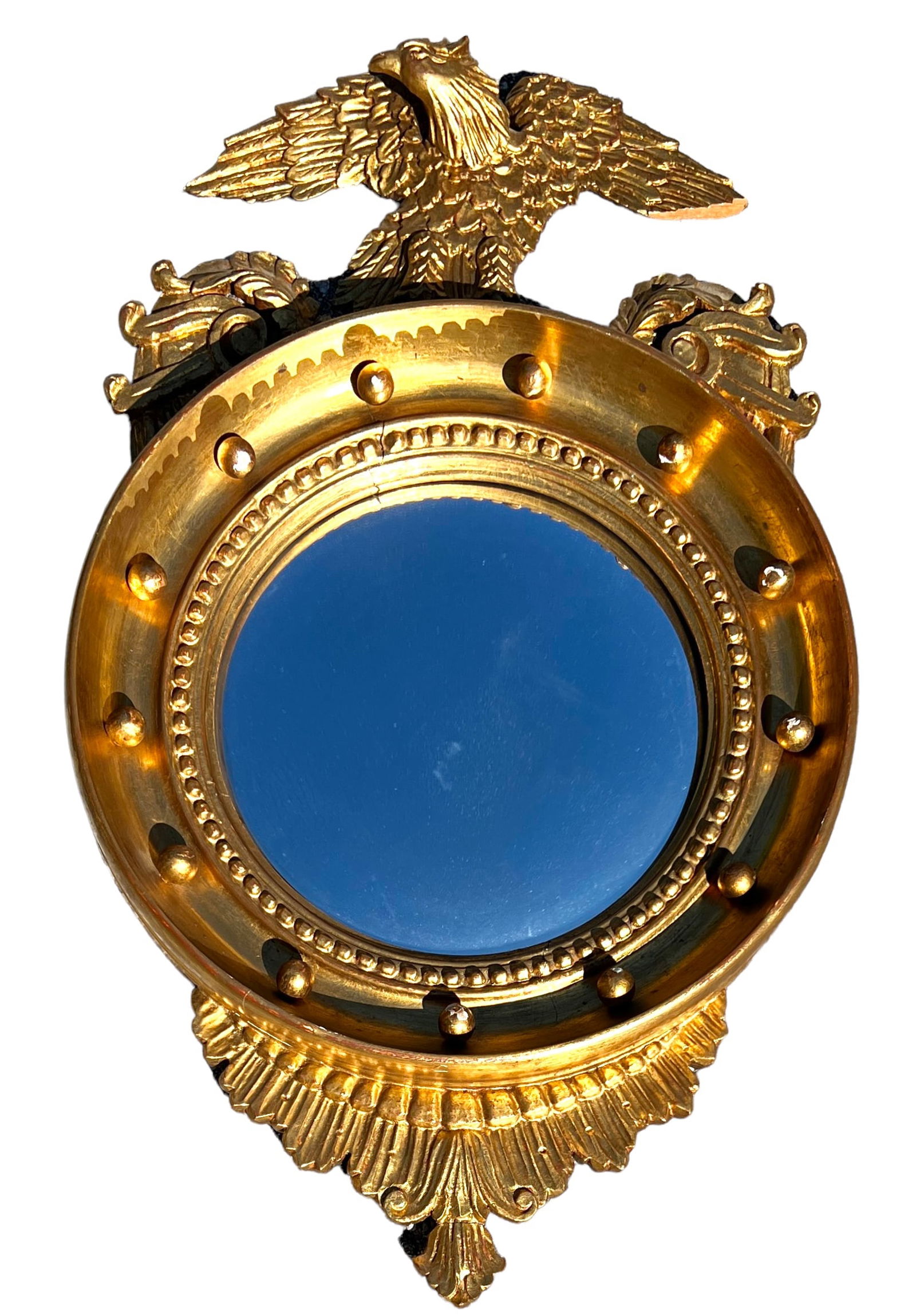 GILTWOOD BULLSEYE MIRROR: EAGLE ADORNED, GILTWOOD, PERIOD BULLSEYE MIRROR. 33"X20". SOME AREAS OF FINISH LOSS.