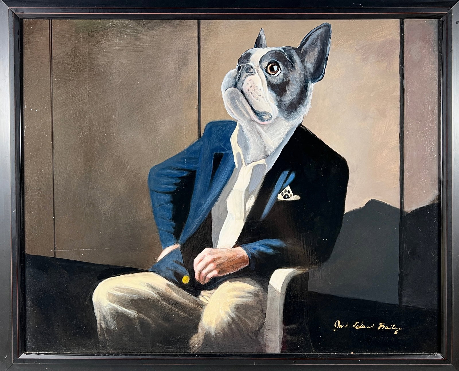 JACK LELAND BAILEY NEW RENAISSANCE PAINTING: BOSTON TERRIER OVERPAINT OF STERLING LANIER, ORIGINAL PAINTING BY JACK LELAND BAILEY. OIL ON BOARD. FRAMED 29"X35"