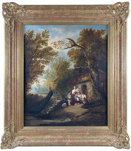 AFTER THOMAS GAINSBOROUGH PAINTING: THE COTTAGE DOOR, AFTER THOMAS GAINSBOROUGH, WILLIAM HENDERSON, PINXIT, 1859. A WELL DONE PAINTING, GILT FRAMED, OIL ON CANVAS. 27"X32"