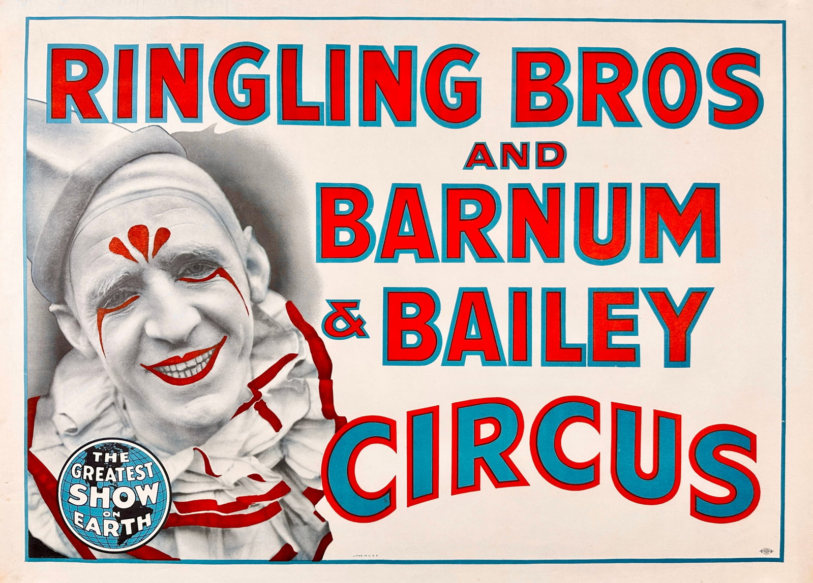 RINGLING BROS. BARNUM BAILEY CIRCUS POSTER: ORIGINAL, AUTHENTIC, CIRCUS POSTER, C.1940'S. RBBB TITLE WITH PAT VALDO, CLOWN. HALF SHEET, UNMOUNTED. 21"X28"