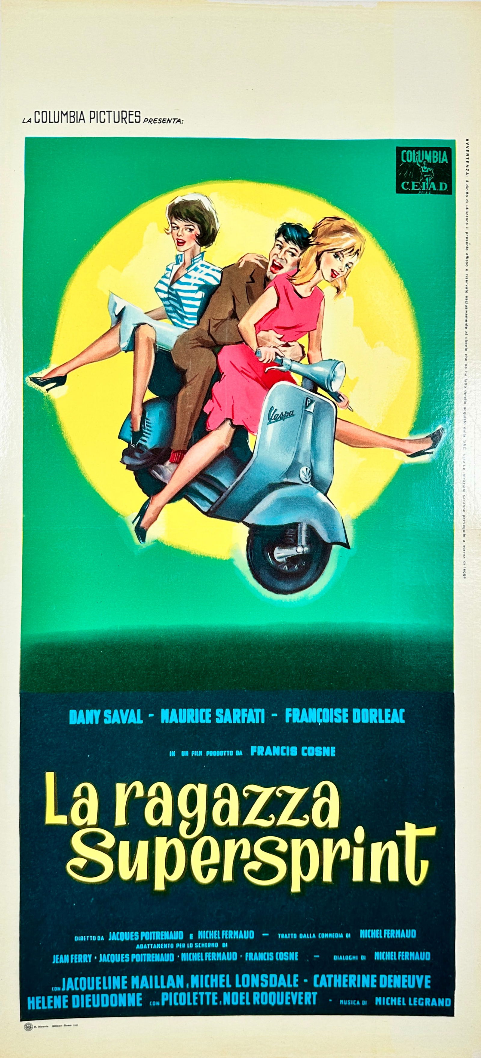 LA RAGAZZA SUPERSPRINT - VESPA: ORIGINAL VINTAGE FILM POSTER, VESPA RIDERS, 1961. PROFESSIONALLY CONSERVED ON ARCHIVAL LINEN. IMAGE 13"X28"