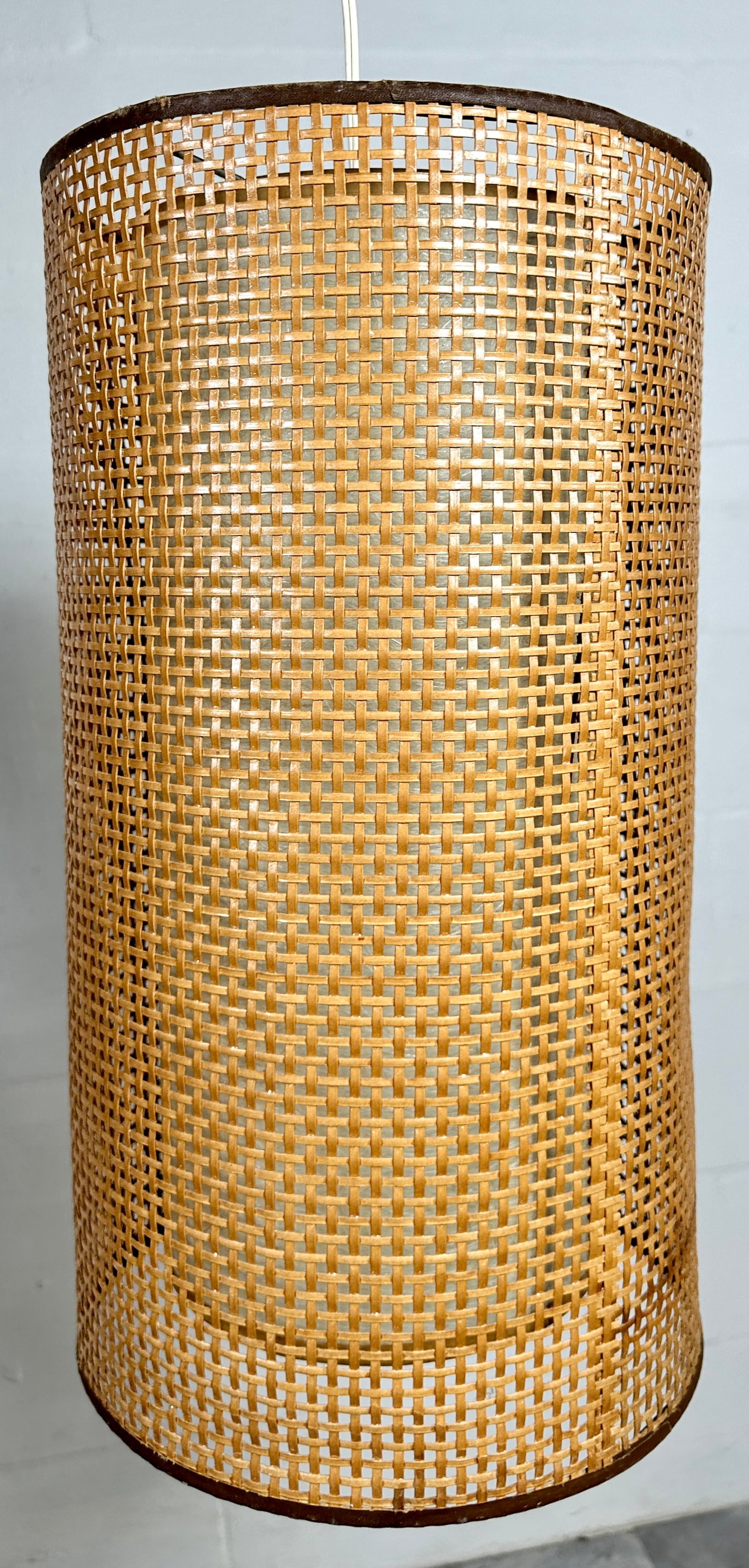 RATTAN SWAG LAMP: INNER MICA SHADE WITH OUTER CYLINDER RATTAN SHADE. 18"