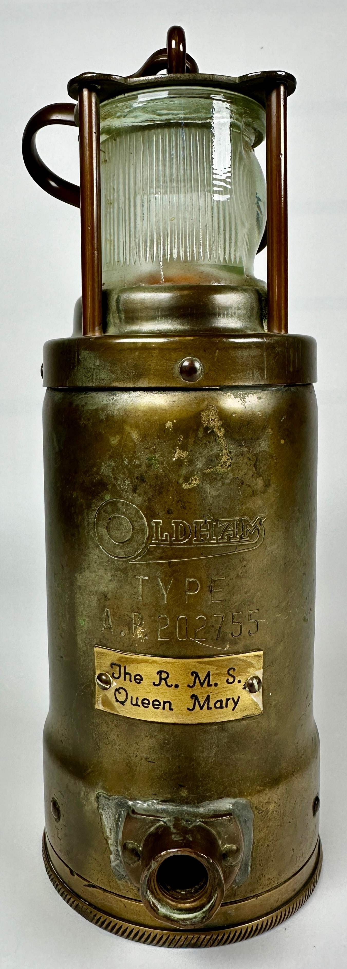 OLDHAM TYPE AR 202755 SHIP LANTERN: WITH BRASS TAG FOR THE R.M.S. QUEEN MARY. 10"