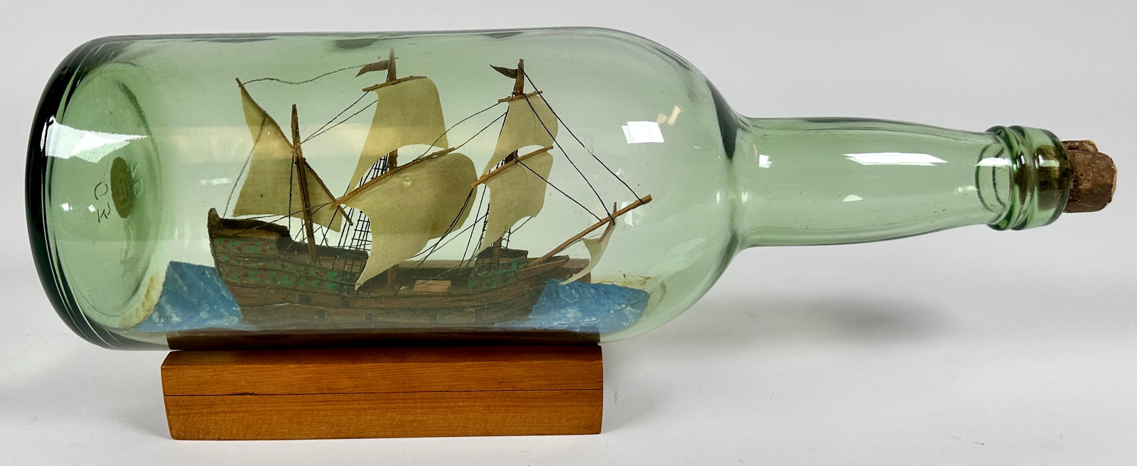 SPANISH GALLEON IN A BOTTLE: ON WOODEN STAND, 15"