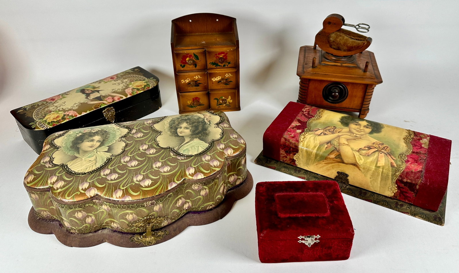SEWING ACCOUTREMENTS: SEWING BOXES, CADDIES, COMPARTMENTS. LARGEST IS 15"X9"X4"