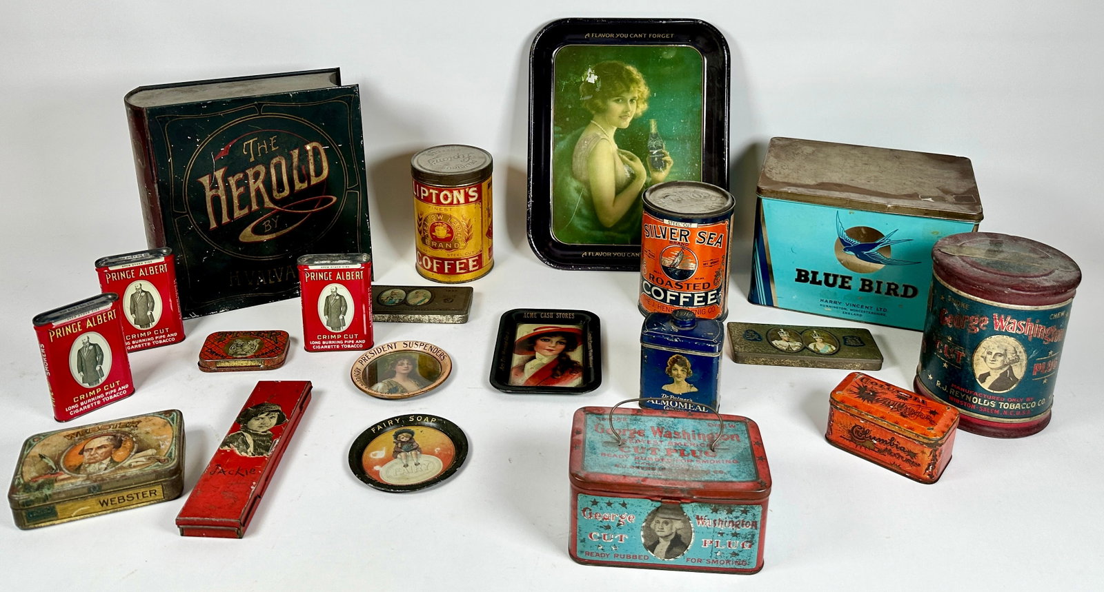 COLLECTION OF ADVERTISING TINS: COCA-COLA, TOBACCO, HOUSEHOLD.