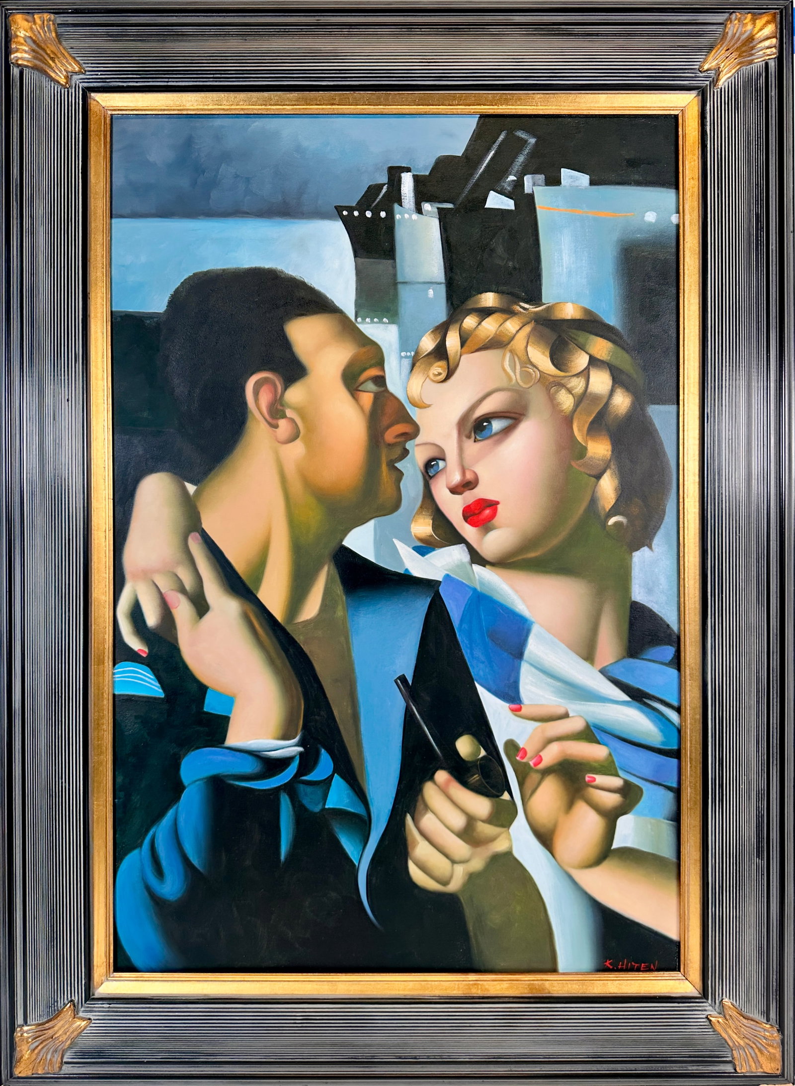 AFTER TAMARA LEMPICKA PAINTING: SIGNED K. HITEN. FRAMED, 33"X45"