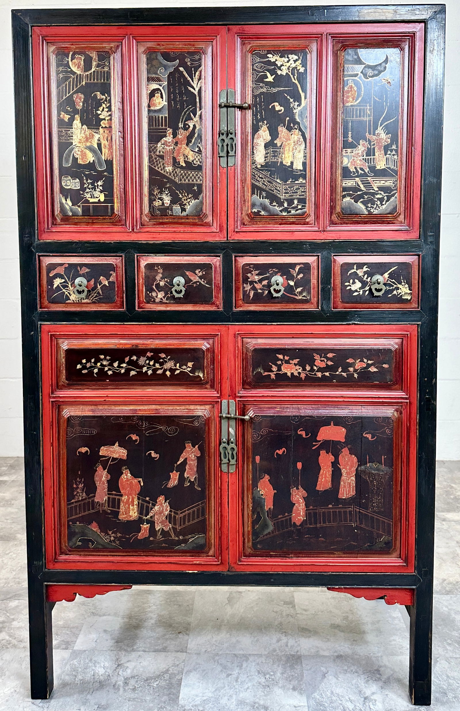 ANTIQUE CHINESE RED FUJIAN CABINET: ANTIQUE CHINESE CABINET, FUJIAN PROVENCE. RESTORED BY CHINA ANTIQUE COMPANY, HARVEY WEST AND XIAOBO YAO, C.1996. HAND-DECORATED FRONT. 37"W, 19"D, 63"H