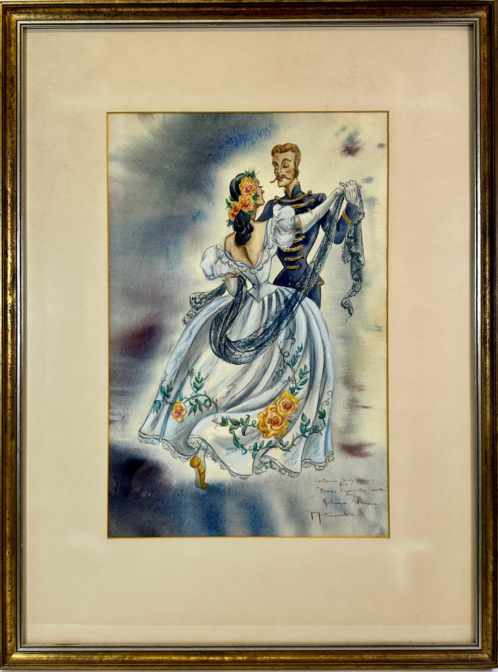 GUY SAUNDERS ORIGINAL WATERCOLOR PAINTING: GUY SAUNDERS (AMERICAN, 20TH C.) WATERCOLOR, SIGNED. NOTATION "COSTUME SUGGESTION FOR RISEN FROM THE SOUTH BY JOHANN STRAUSS". FRAMED, 23"X30"