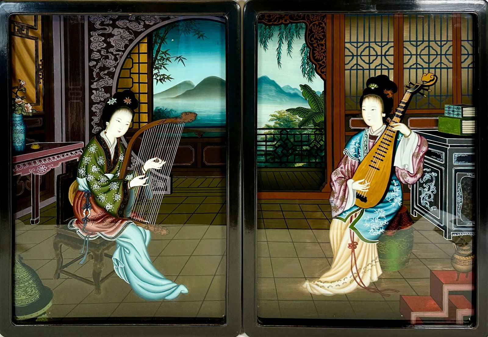 PAIR REVERSE PAINTED ORIENTAL ART (1 of 1)