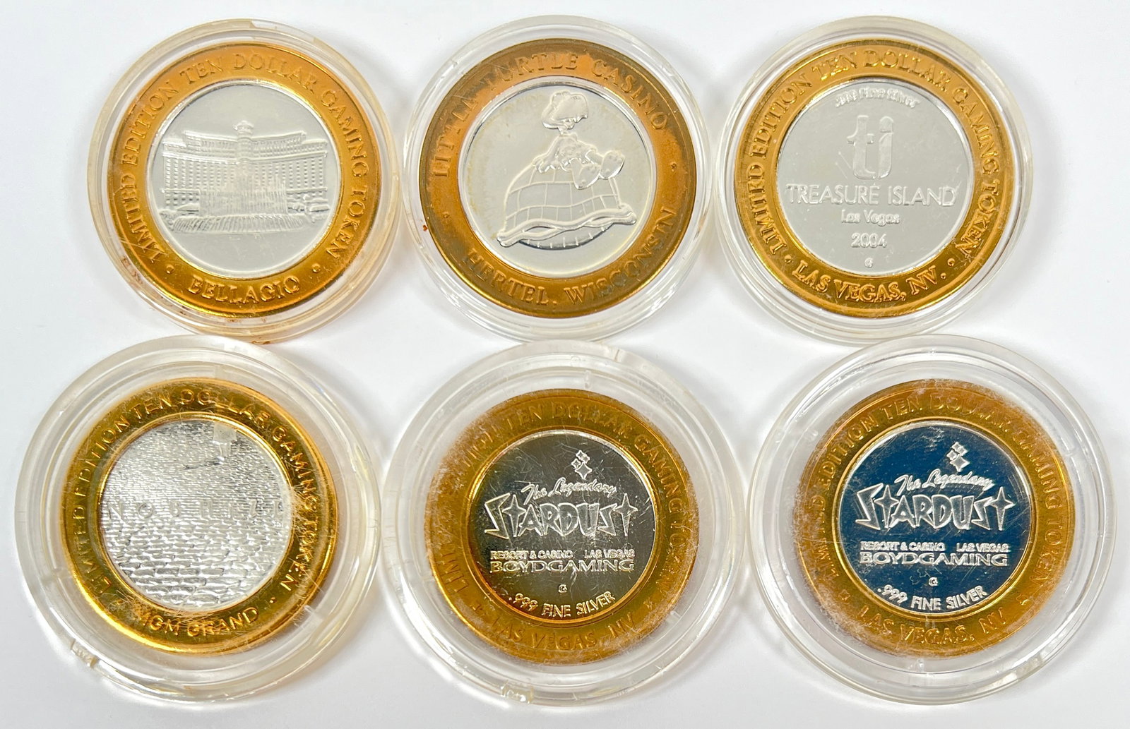 SILVER STIKE CASINO CHIP COLLECTION: BELLAGIO, MGM GRAND, STARDUST (2), TREASURE ISLAND, LITTLE TURTLE