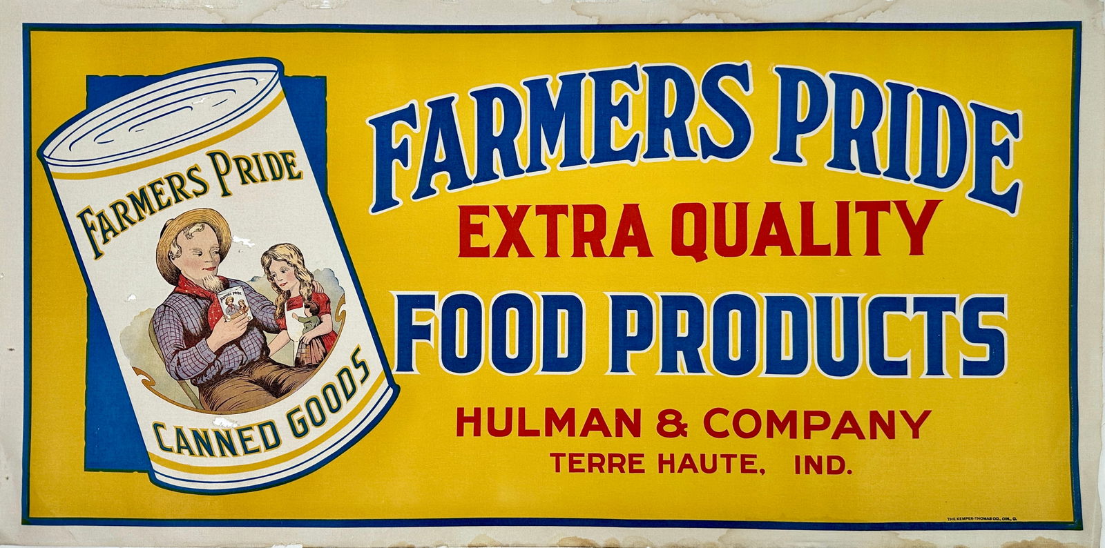 FARMER'S PRIDE FOOD PRODUCTS SIGN: MUSLIN OR LINEN SIGN, PRINTED BY THE KEMPER-THOMAS CO., CINCINNATI. UNMOUNTED. 18"X34"