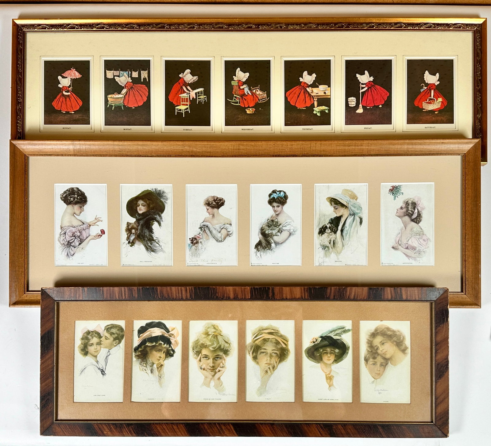 COLLECTION OF THEMED POSTCARDS: NICELY FRAMED/MATTED INCLUDING DAYS OF THE WEEK, SCRIBNER'S BEAUTIES, PHILIP BORDEAU. LARGEST IS 11"X30"