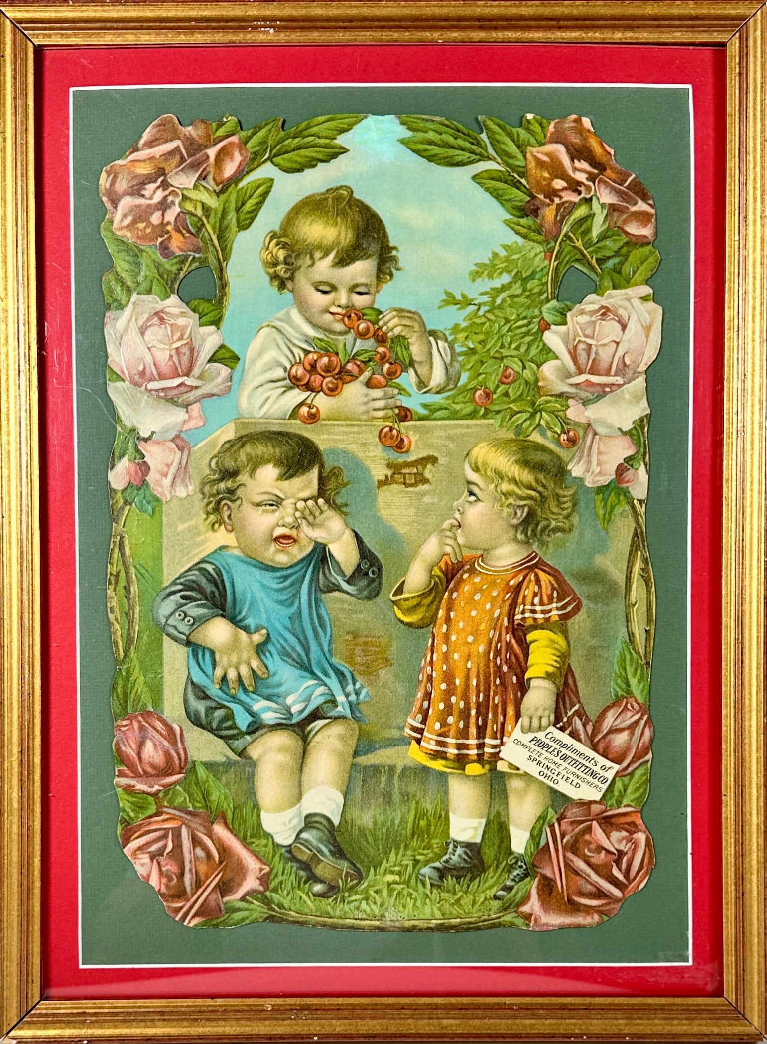 PEOPLE'S OUTFITTING ADVERTISING: EMBOSSED ADVERTISING FOR PEOPLE'S OUTFITTING, COMPLETE HOME FURNISHINGS, SPRINGFIELD, OHIO. C.1900. FRAMED, 15"X21"