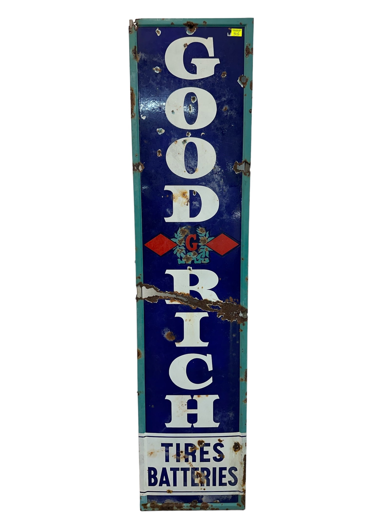GOODRICH TIRES BATTERIES PORCELAIN SIGN: WEAR AS SHOWN WITH LOSS AND RUST-THROUGH, INCLUDES FRAMING. 18"X78"