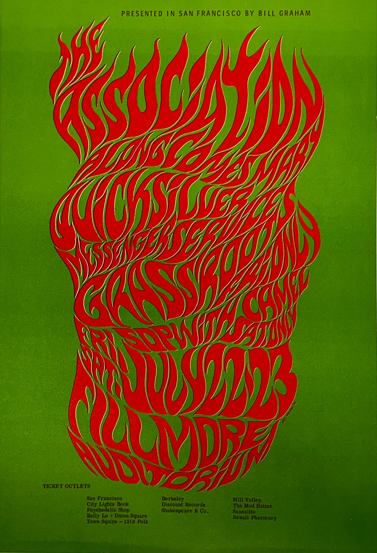 1966 ASSOCIATION QUICKSILVER MESSENGER SERVICE POSTER: BG-18-RP-4, BILL GRAHAM, FILLMORE AUDITORIUM. WES WILSON ART. 4TH PRINTING. UNMOUNTED. 13 45/64"X20 7/64"