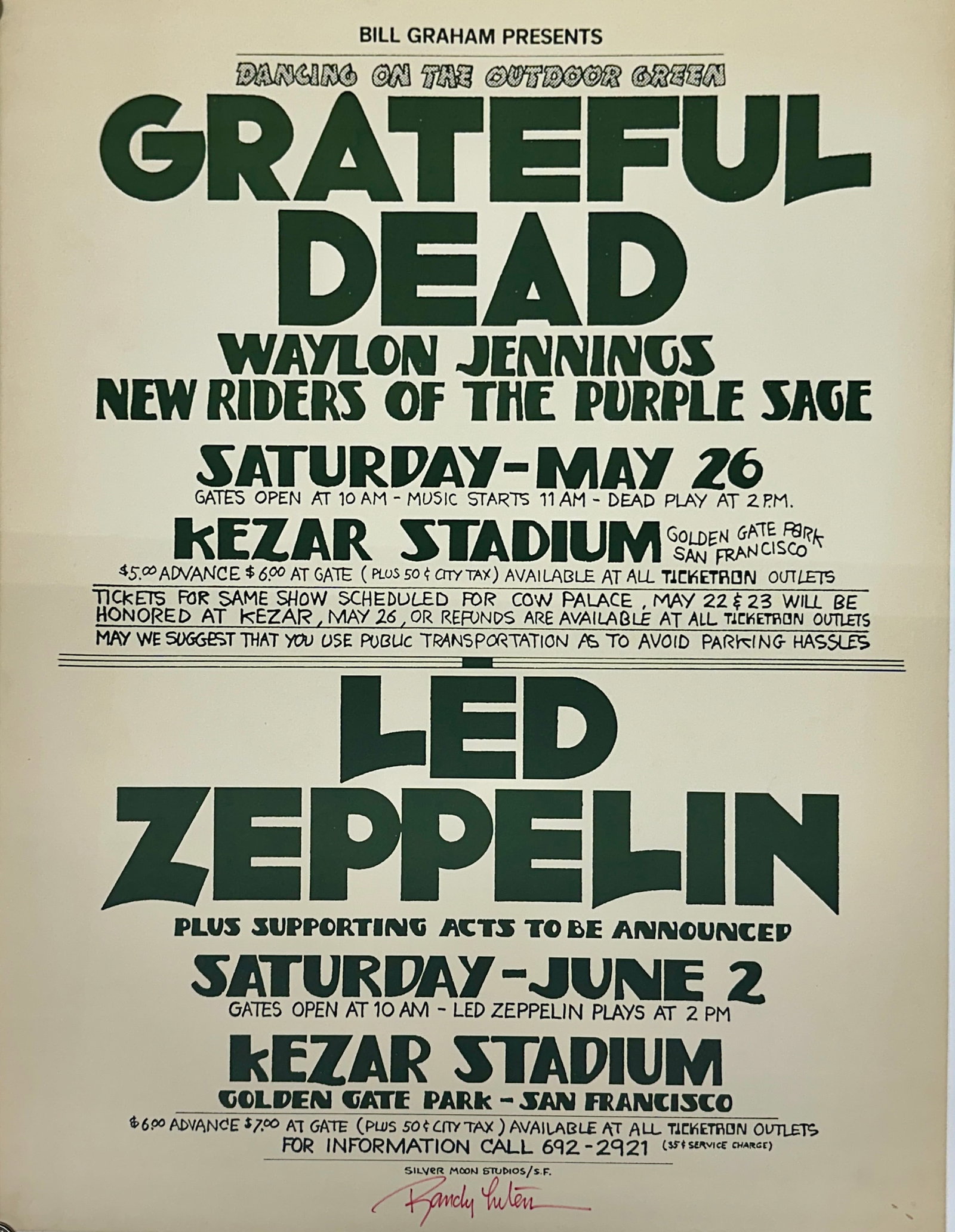 1973 LED ZEPPELIN GRATEFUL DEAD POSTER: BILL GRAHAM, KEZAR STADIUM - GOLDEN GATE PARK, SAN FRANCISCO. RANDY TUTEN ARTWORK, SIGNED IN RED INK LOWER MARGIN. UNMOUNTED. 17 7/16" X 22 15/16"
