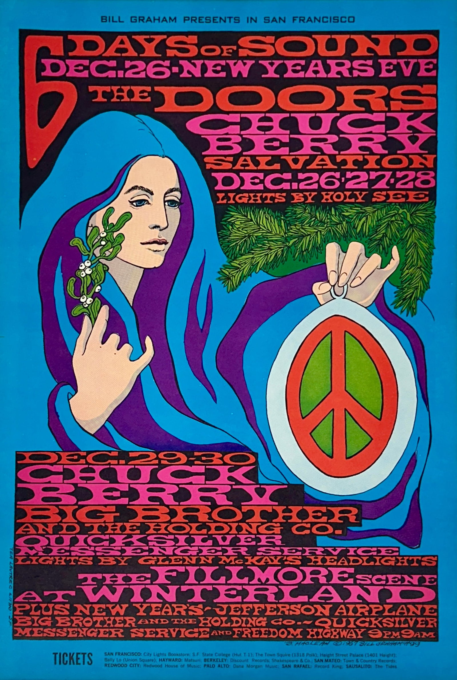 1967 DOORS - CHUCK BERRY - QUICKSILVER POSTER: BG-99-OP-1. BILL GRAHAM, FILLMORE, WINTERLAND. THE DOORS, CHUCK BERRY, BIG BROTHER, QUICKSILVER MESSENGER SERVICE, JEFFERSON AIRPLANE, FREEDOM HIGHWAY. FIRST PRINTING. BONNIE MACLEAN ARTWORK. UNMOUNTE