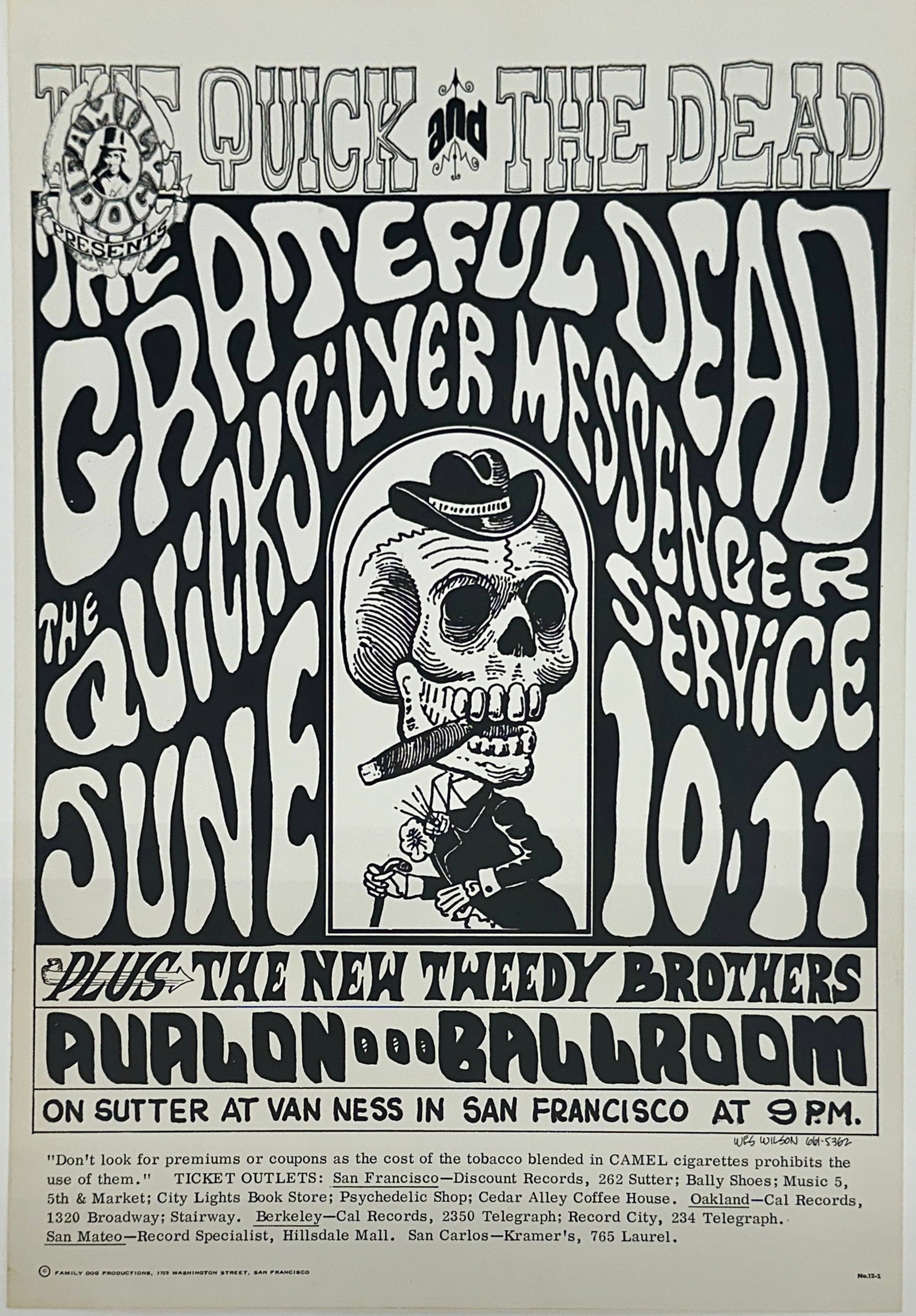 1966 GRATEFUL DEAD POSTER: FD-12-RP-3. AUTHORIZED RESTRIKE PRINTING, WES WILSON ARTWORK. UNMOUNTED. 14 9/32" X 20 22/64"