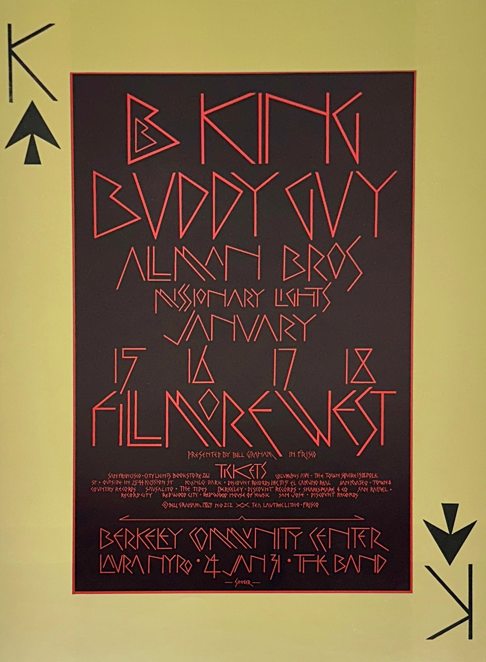 1970 B.B. KING - BUDDY GUY POSTER: BG-212-OP-1. B.B. KING AND BUDDY GUY AT THE FILLMORE WEST. DAVID SINGER ART. UNMOUNTED. 14" X 19 41/64"