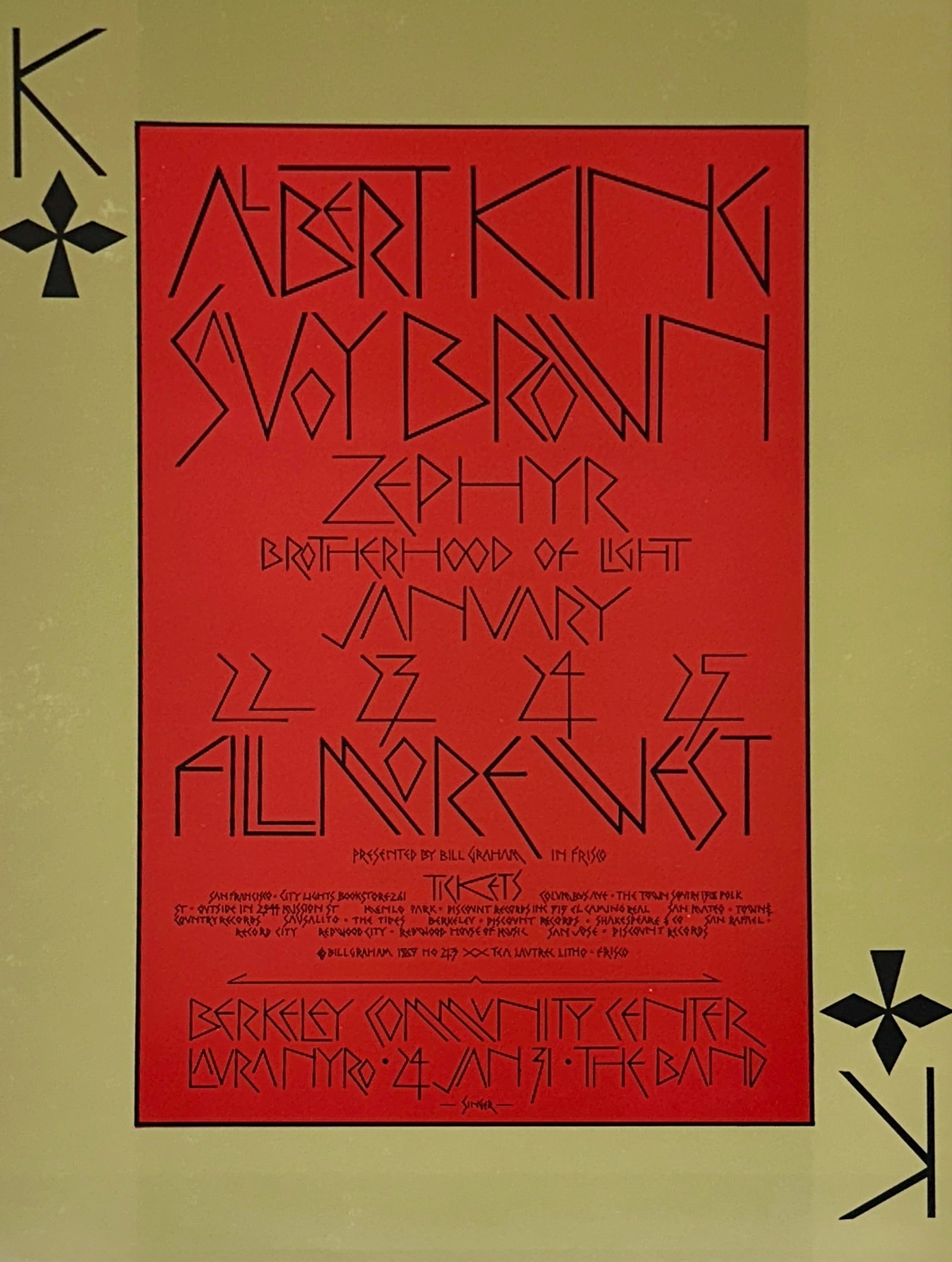 1970 ALBERT KING - SAVOY BROWN POSTER: BG-213-OP-1. ALBERT KING AND SAVOY BROWN AT THE FILLMORE WEST. DAVID SINGER ART. UNMOUNTED. 13 63/64" X 19 21/32"