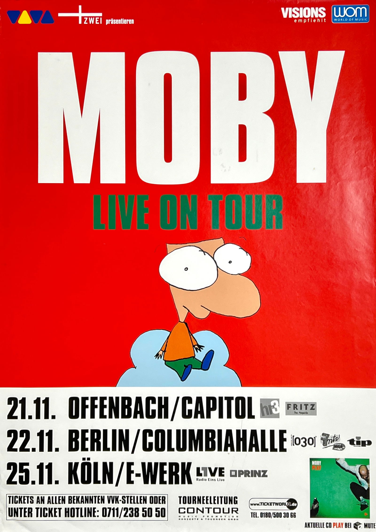 MOBY LIVE ON TOUR POSTER: LIVE ON TOUR CONCERT - WORLD OF MUSIC TOUR - GERMANY. UNMOUNTED, CORNER WRINKLES. 23.5"X33".