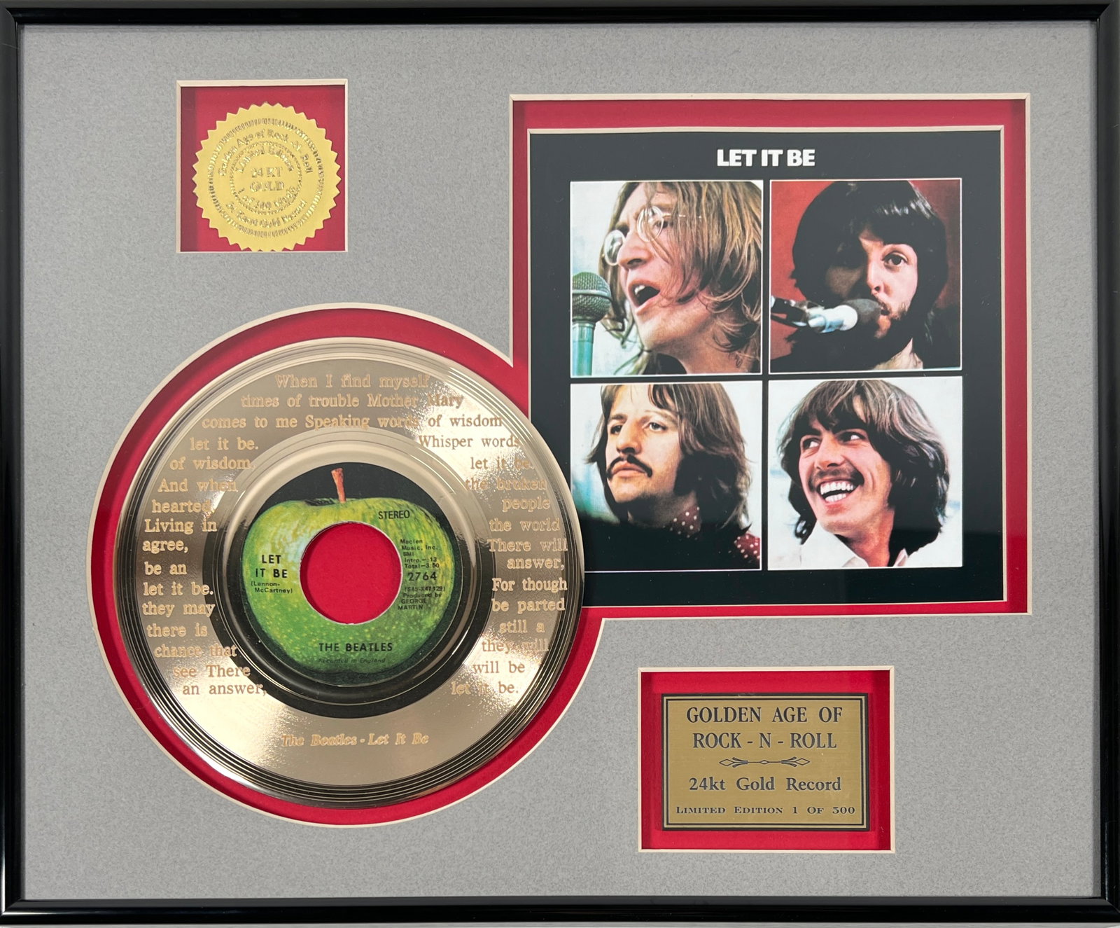 BEATLES - LET IT BE ME GOLD RECORD: 24K GOLD RECORD - GOLDEN AGE OF ROCK N ROLL, LIMITED TO AN EDITION OF 500. FRAMED. 13"X16"