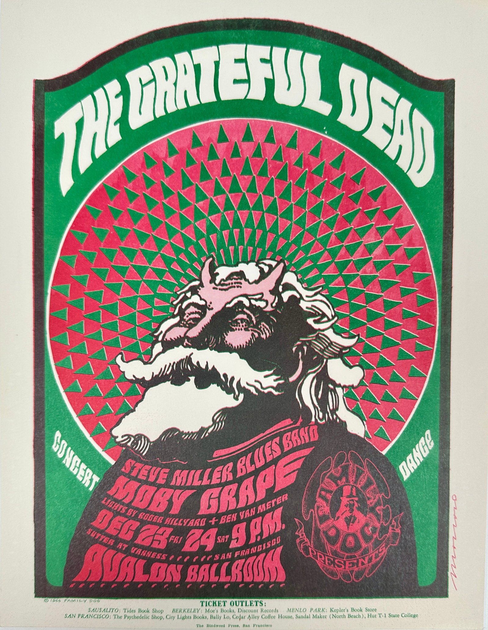 1966 GRATEFUL DEAD - STEVE MILLER - MOBY - GRAPE: HANDBILL. FD-40 HIPPIE SANTA CLAUS. ARTIST: VICTOR MOSCOSO. 8.5"X11".