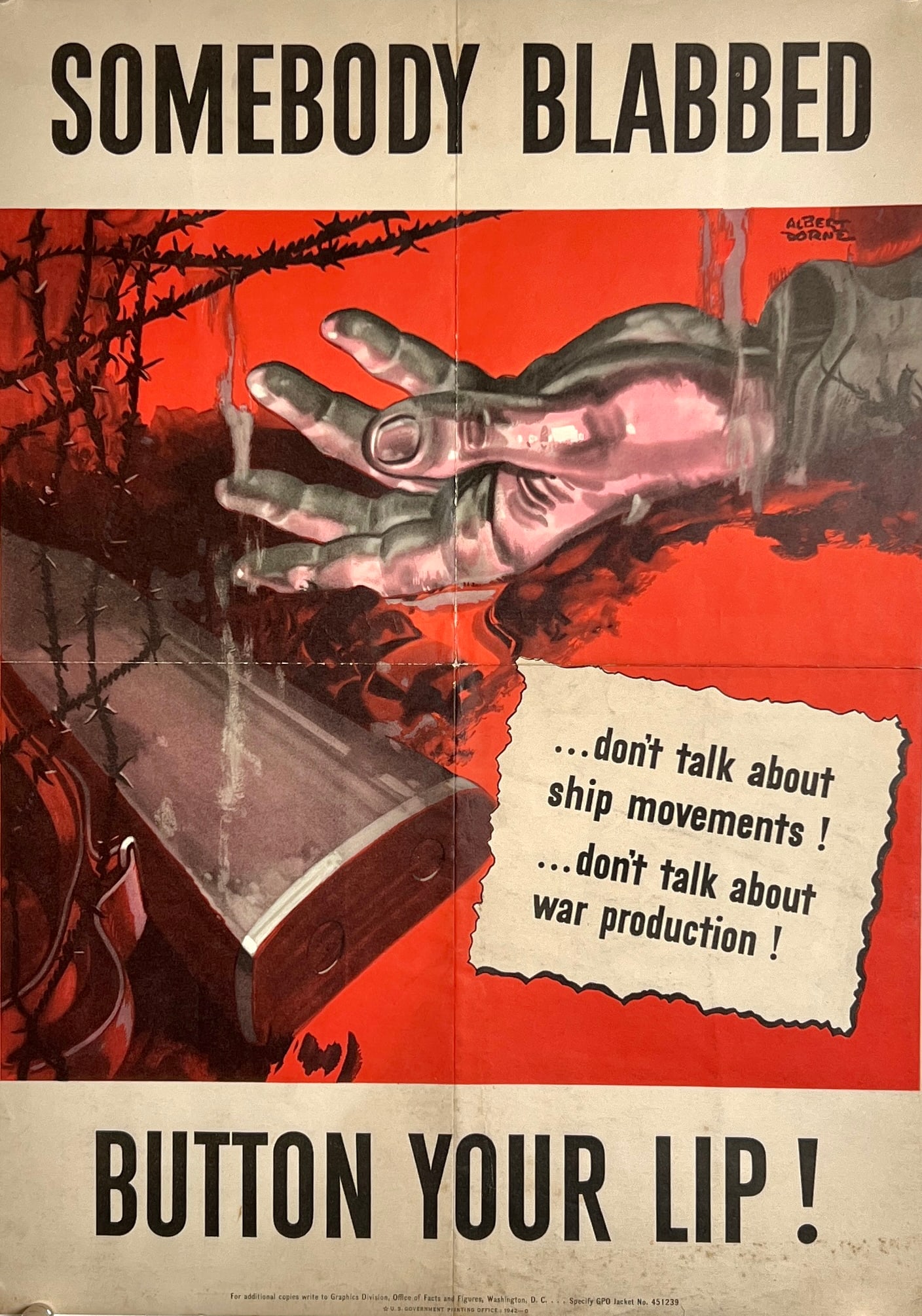 WWII PROPAGANDA POSTER: SOMEBODY BLABBED - BUTTON YOUR LIP, 1942. UNMOUNTED, FOLDS AS ISSUED. 14"X20"