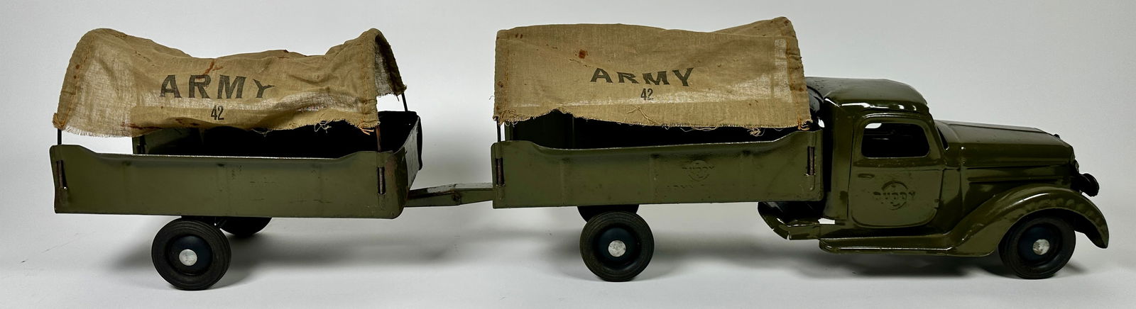 BUDDY-L NO.943 L ARMY TRUCK TRANSPORT TOY: RETAINS ORIGINAL BOX, SOME BOX WEAR, TAPE. 32"L