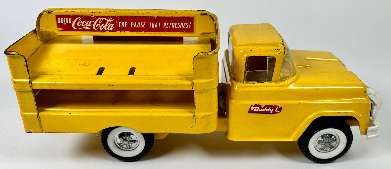 BUDDY-L COCA-COLA DELIVERY TRUCK TOY: LIGHT PLAY WEAR, SOME SODA CARTONS INCLUDED, 15"L