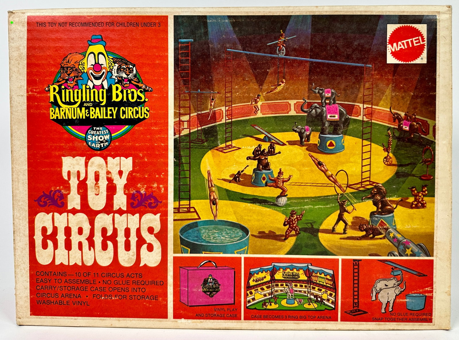 RINGLING BROS. BARNUM BAILEY TOY CIRCUS: 1973 MATTEL TOY CIRCUS, CIRCUS ACTS WITH STORAGE CASE, NEW OLD STOCK, LIGHT BOX WEAR.