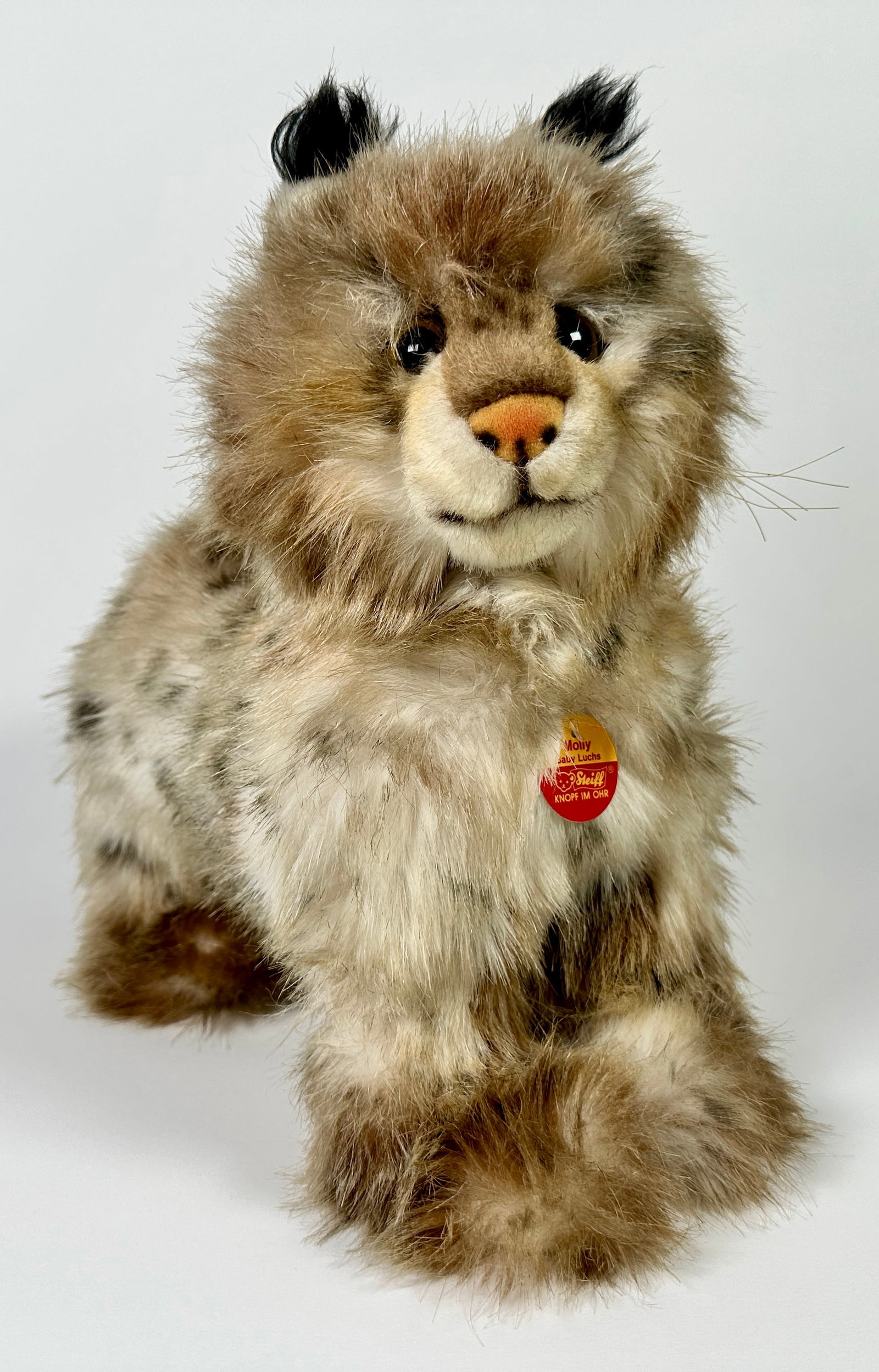 STEIFF - MOLLY BABY LYNX: C.1993, YELLOW EYES AND EAR TUFTS, SCARCE. 12"H