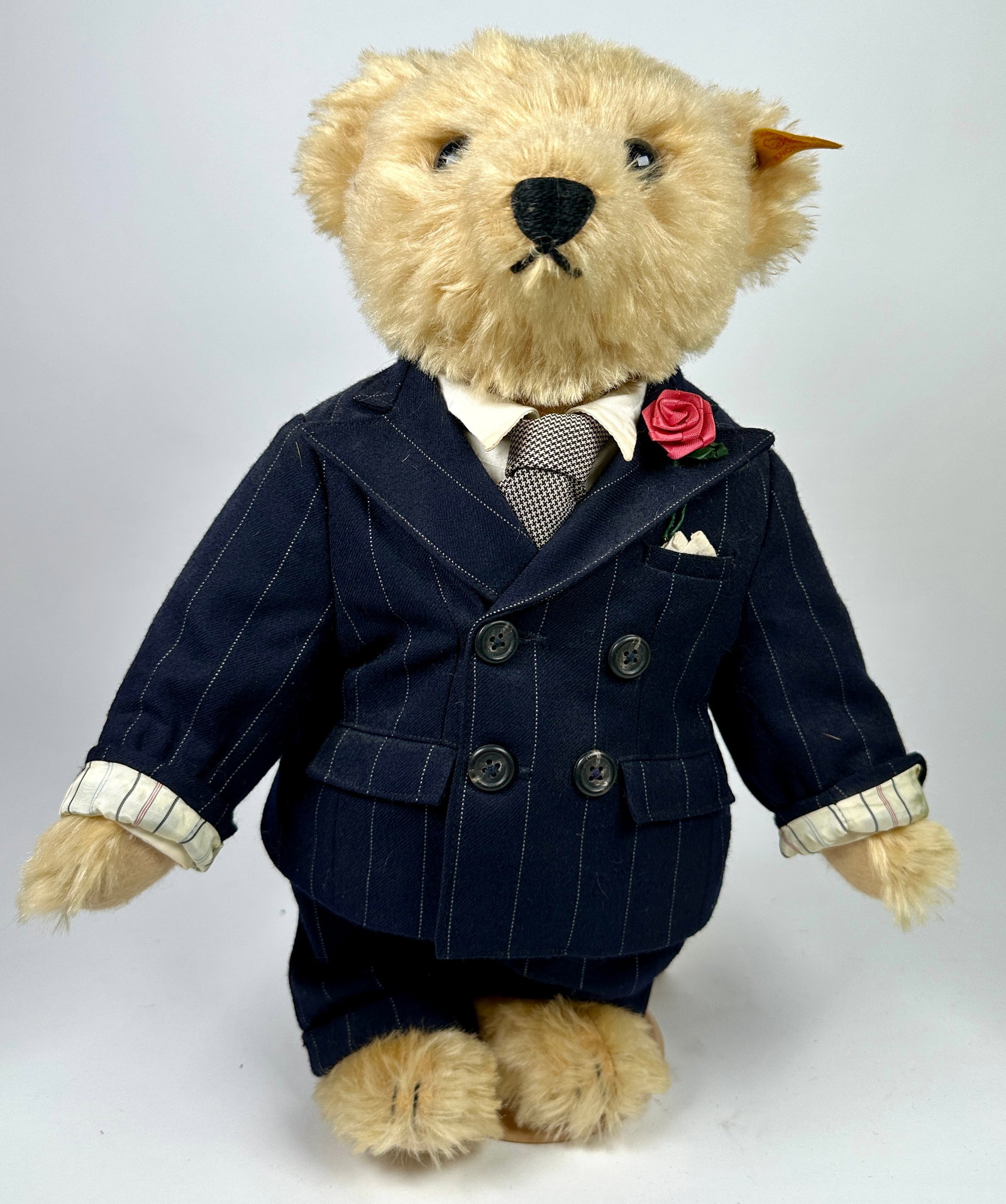 STEIFF - RALPH LAUREN POLO BEAR: CHAIRMAN CEO, PIN-STRIPED SUIT WITH RED ROSE. 16"