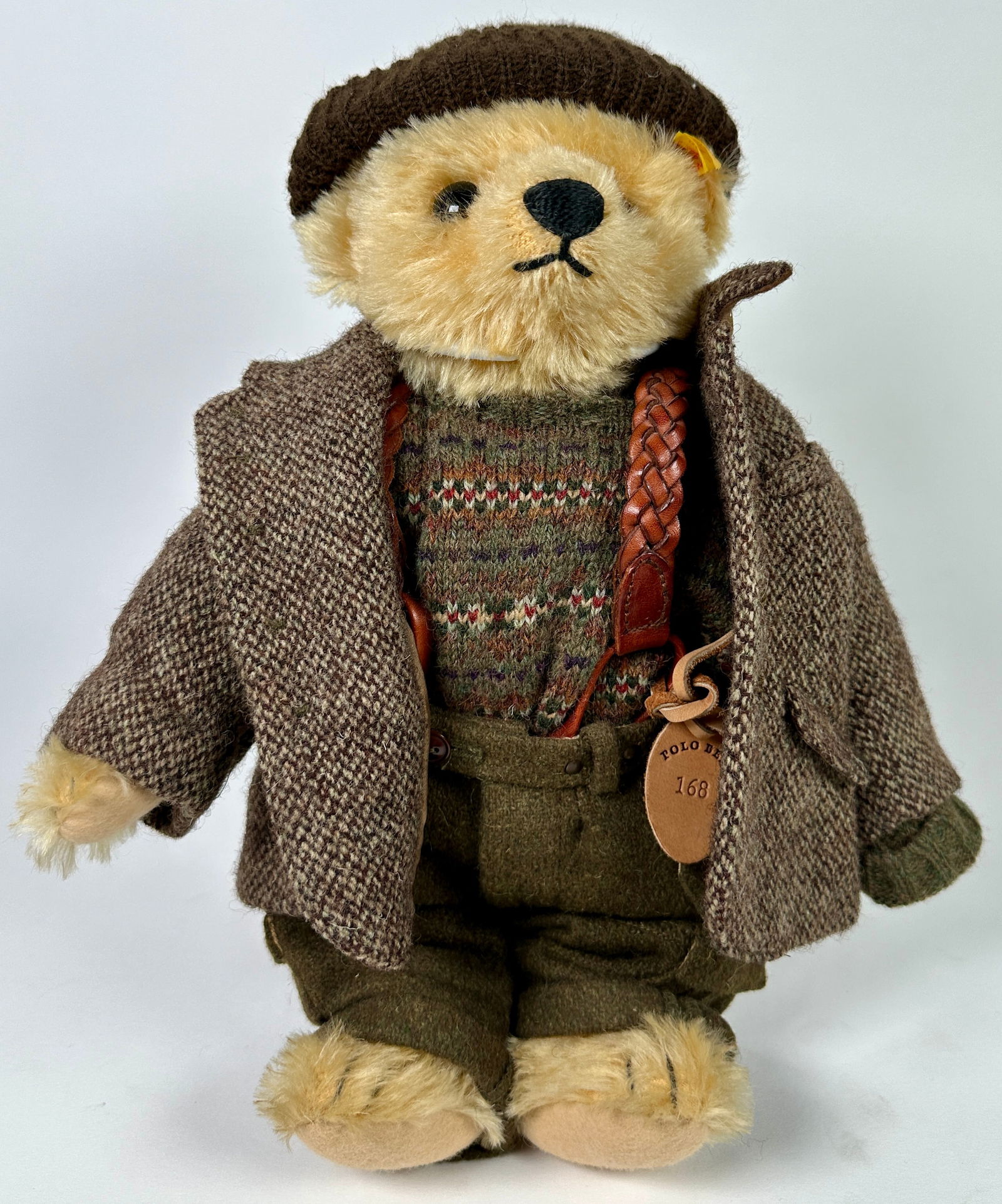 STEIFF - RALPH LAUREN POLO BEAR: THE WELLINGTON, BROWN TWEED COAT, HAT AND SUSPENDERS. 13"H