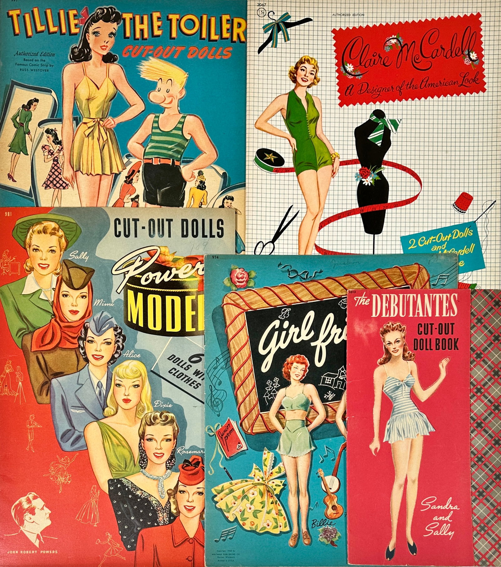 PAPER DOLL BOOK COLLECTION: LOT OF 5. WHITMAN PUBLISHING, 1940'S-50'S. POWER MODELS, GIRLFRIENDS, DEBUTANTES, CLAIRE MCCARDELL, TILLY TOILER. UNCUT. SUE NAVE COLLECTION.