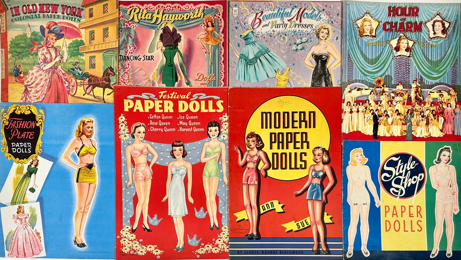 PAPER DOLL BOOK COLLECTION: LOT OF 7. SAALFIELD PUBLISHING, 1940'S-50'S. STYLE SHOP (LOSS ON COVER), BEAUTIFUL MODELS AND PARTY DRESSES, IN OLD NEW YORK, MODERN PAPER DOLLS, FESTIVAL PAPER DOLLS, FASHION PLATE, HOUR OF CHARM, RI