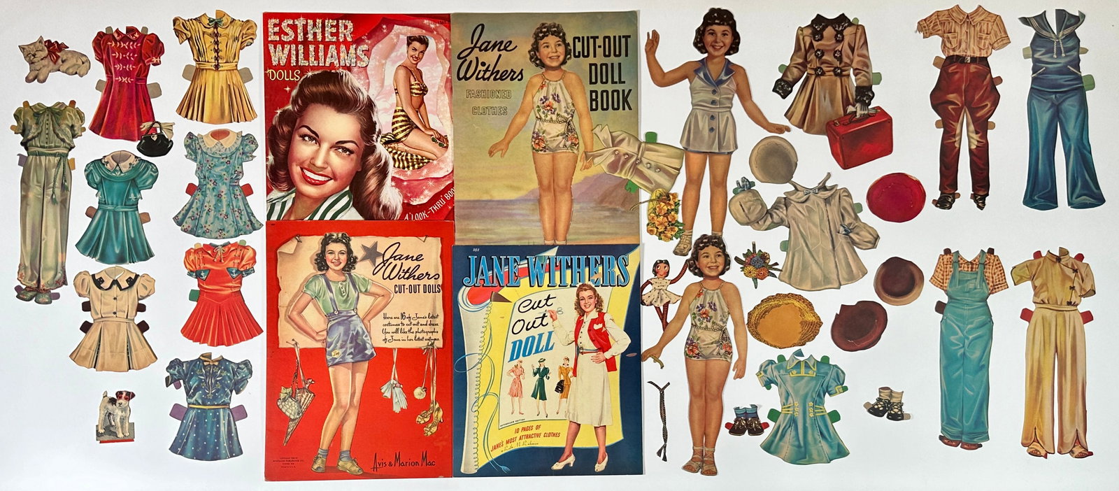 PAPER DOLL BOOK COLLECTION: LOT OF 6. MERRILL - SAALFIELD - WHITMAN, 1940'S-50'S. JANE WITHERS, ESTHER WILLIAMS, JOANNE WOODWARD. UNCUT. SUE NAVE COLLECTION.