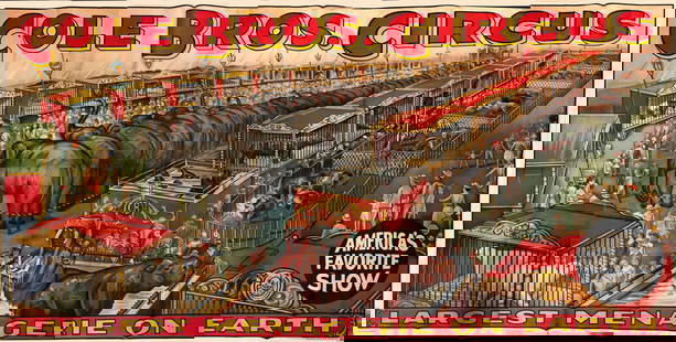 COLE BROS. CIRCUS BILLBOARD POSTER: LARGE, 20 SHEET BILLBOARD LITHOGRAPH POSTER FOR COLE BROS. CIRCUS, FEATURING THE LARGEST MENAGERIE ON EARTH. BRIGHT COLORS, FOLDS AS ISSUED, SCATTERED TEARS AT FOLDS. 105"X190"