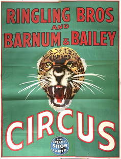 RINGLING BROS. BARNUM BAILEY CIRCUS BILLBOARD POSTER: LARGE, 8 SHEET BILLBOARD LITHOGRAPH POSTER. RBBB TITLE ON GREEN FIELD WITH LEOPARD HEAD. FOLDS AS ISSUED, SCATTERED TEARS AT FOLDS. 80"X107"