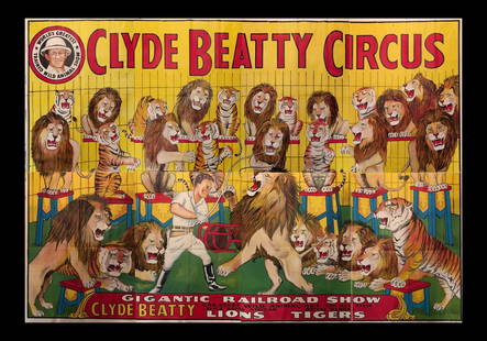 CLYDE BEATTY CIRCUS BILLBOARD POSTER: LARGE, 20 SHEET BILLBOARD LITHOGRAPH POSTER FOR CLYDE BEATTY GIANT RAILROAD CIRCUS. FOLDS AS ISSUED, SCATTERED TEARS AT FOLDS, 105"X90"