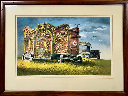 ROBERT WILLIAM ADDISON CIRCUS SERIGRAPH: CIRCUS WAGON SERIGRAPH, AN EDITION OF 250, SIGNED IN GRAPHITE. FRAMED. 25"X33.5"