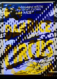 DAN RICE 3 RING CIRCUS POSTER: ESTABLISHED IN 1852 BY THE GREAT CLOWN DAN RICE. HALF SHEET, FRAMED. HAS NOT BEEN EXAMINED OUTSIDE OF FRAME. 21.5"X29"