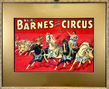 AL G. BARNES WILD ANIMAL CIRCUS POSTER: AL G. BARNES FEATURING ROMAN CHARIOT RACES, C.1930'S. HALF SHEET, IN GILT FRAME WITH MAT. FOLDS AND TEAR EVIDENT. HAS NOT BEEN EXAMINED OUTSIDE OF FRAME. 31"X36"