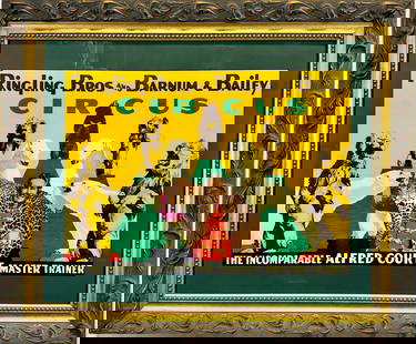 RINGLING BROS. BARNUM BAILEY CIRCUS POSTER: FEATURING THE INCOMPARABLE ALFRED COURT - MASTER TRAINER, 1950'S. HALF SHEET, IN BEAUTIFUL GILT FRAME. HAS NOT BEEN EXAMINED OUTSIDE OF FRAME. 30"X36"
