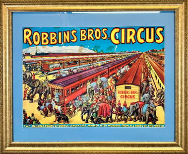 ROBBINS BROS. CIRCUS POSTER: TWO RAILROAD TRAINS OF DOUBLE LENGTH CARS, JAMMED WITH WONDERS FROM ALL PARTS OF THE WORLD, 1940'S. GILT FRAMED, TEAR AND SCATTERED STAINING. HAS NOT BEEN EXAMINED OUTSIDE OF FRAME. 28"X34"