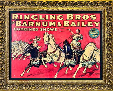 RINGLING BROS. BARNUM BAILEY CIRCUS POSTER: REPRODUCTION, ONE SHEET, FRAMED. HAS NOT BEEN EXAMINED OUTSIDE OF FRAME. 30"X39"