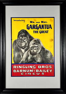 RINGLING BROS. BARNUM BAILEY CIRCUS POSTER: FEATURING MR. AND MRS. GARGANTUA THE GREAT, C.1940'S. HALF SHEET, FRAMED. HAS NOT BEEN EXAMINED OUTSIDE OF THE FRAME. 28.5"X40"